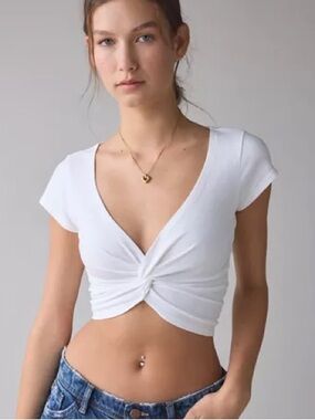 Jac Parker White Twist-Knot Deep V Crop Top